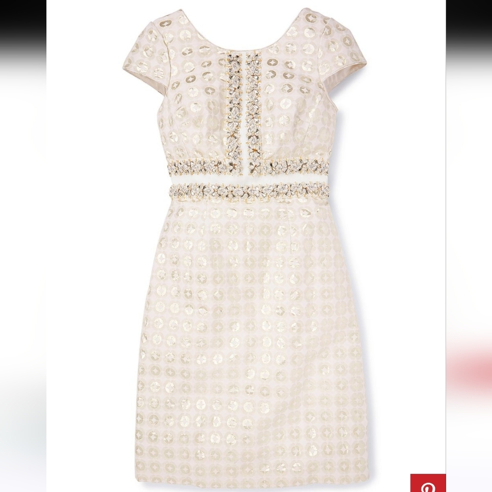 Boden Ivory and Gold Embellished Cap-Sleeve Dress
